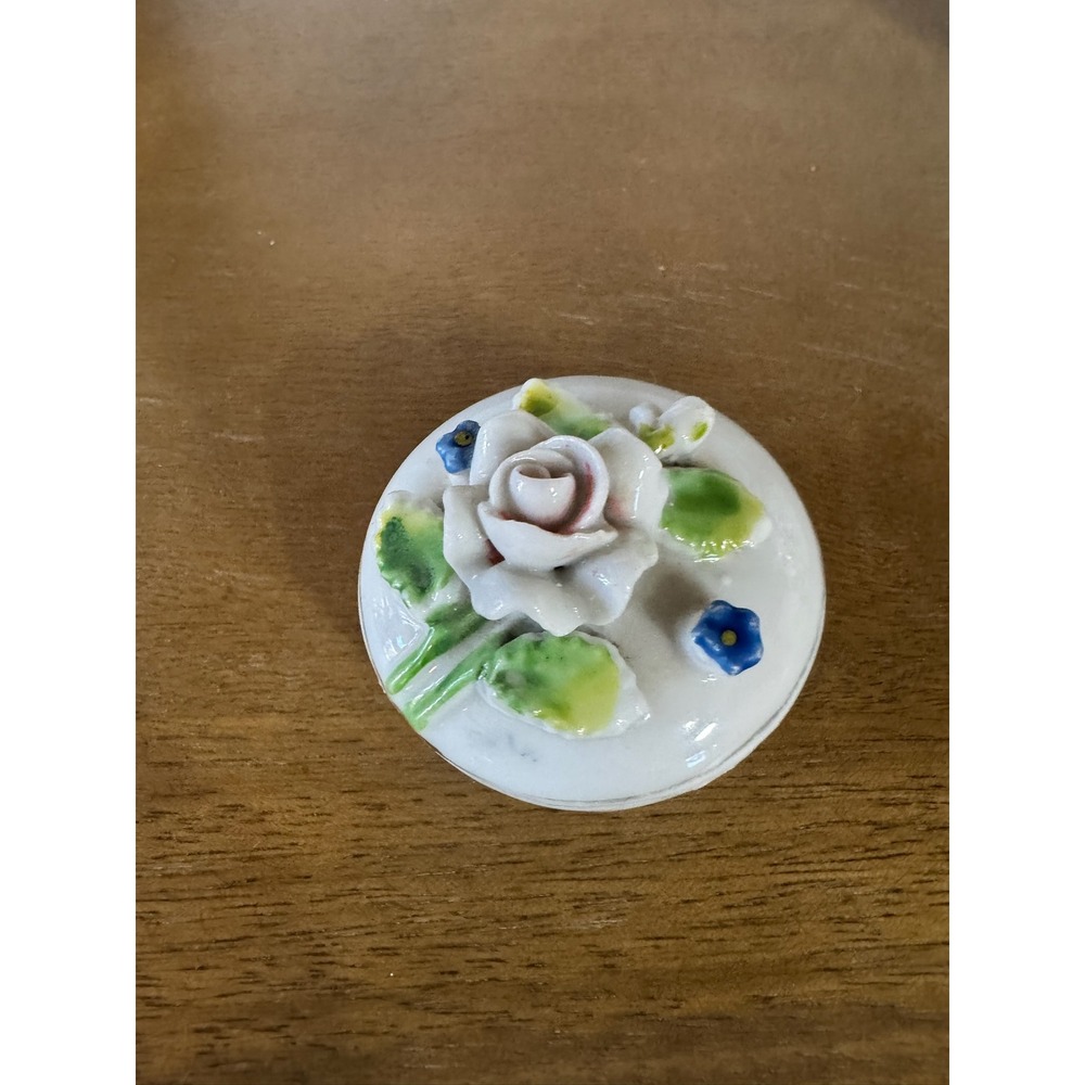 Vintage Ceramic Trinket Box Rose‎ Blue Flowers Japan Small Jewelry Dish